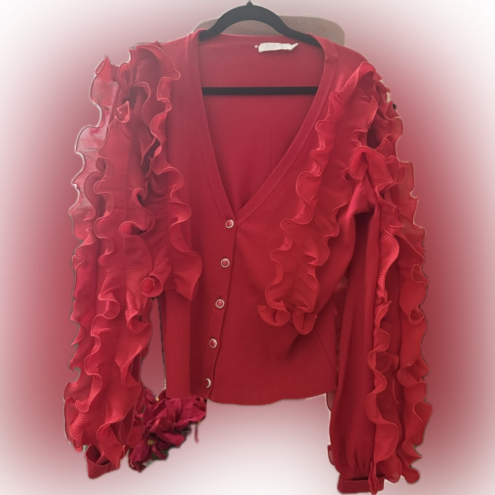 Anne Fontaine Celine Cardigan Elegant Red Ruffle Sweater, size 12 or 44 Parisian - Picture 4 of 6